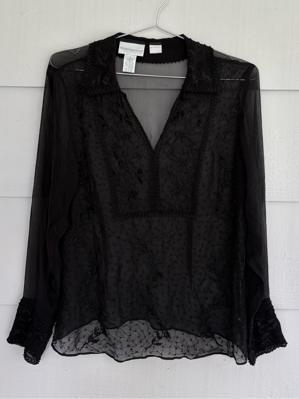 Worthington Black Sheer Silk Embroidered Beaded Blouse Size 8 Y2K Whimsigoth